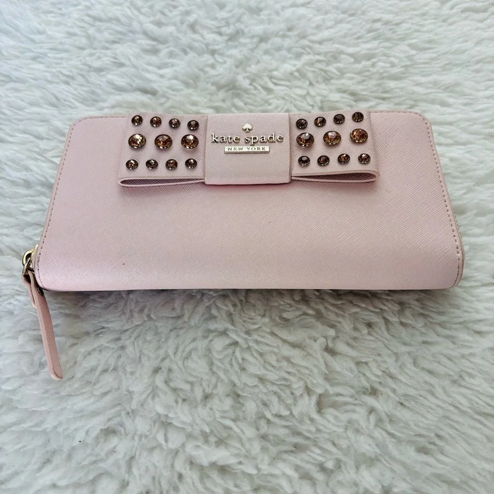 Kate Spade Pink Leather w/ Bow w/ Rhinestone zip around Long Wallet